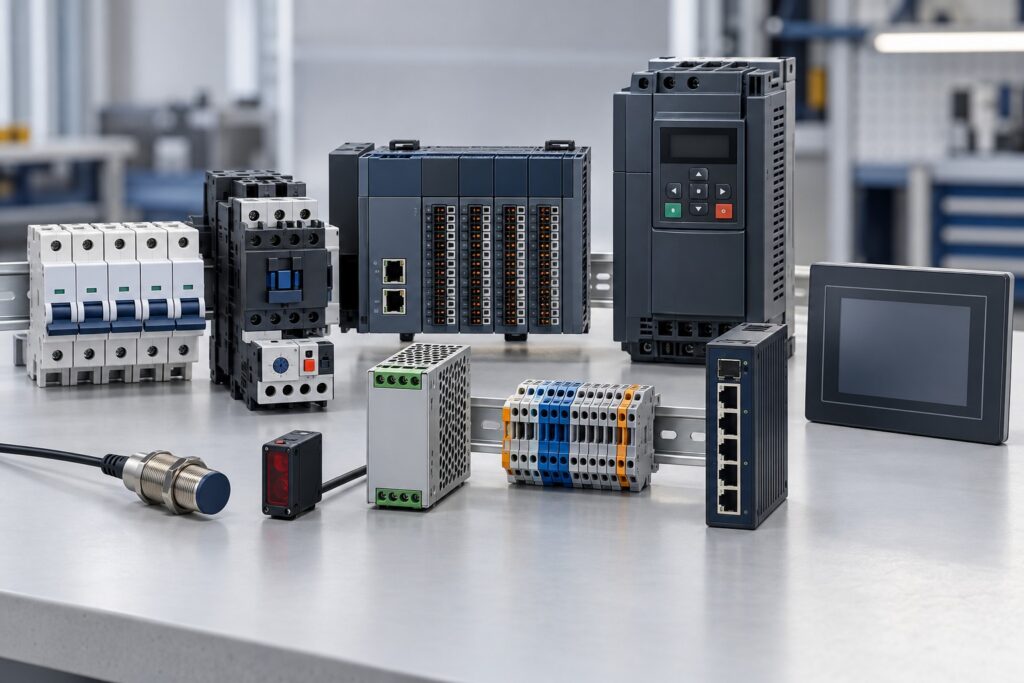 Illustrative programmable controllers, variable frequency drives, contactors, relays, sensors, and HMI components