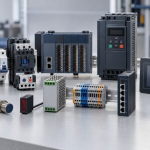Illustrative industrial control and automation components including PLC, VFD, contactors, relays, sensors, and HMI (illustrative AI-generated image)