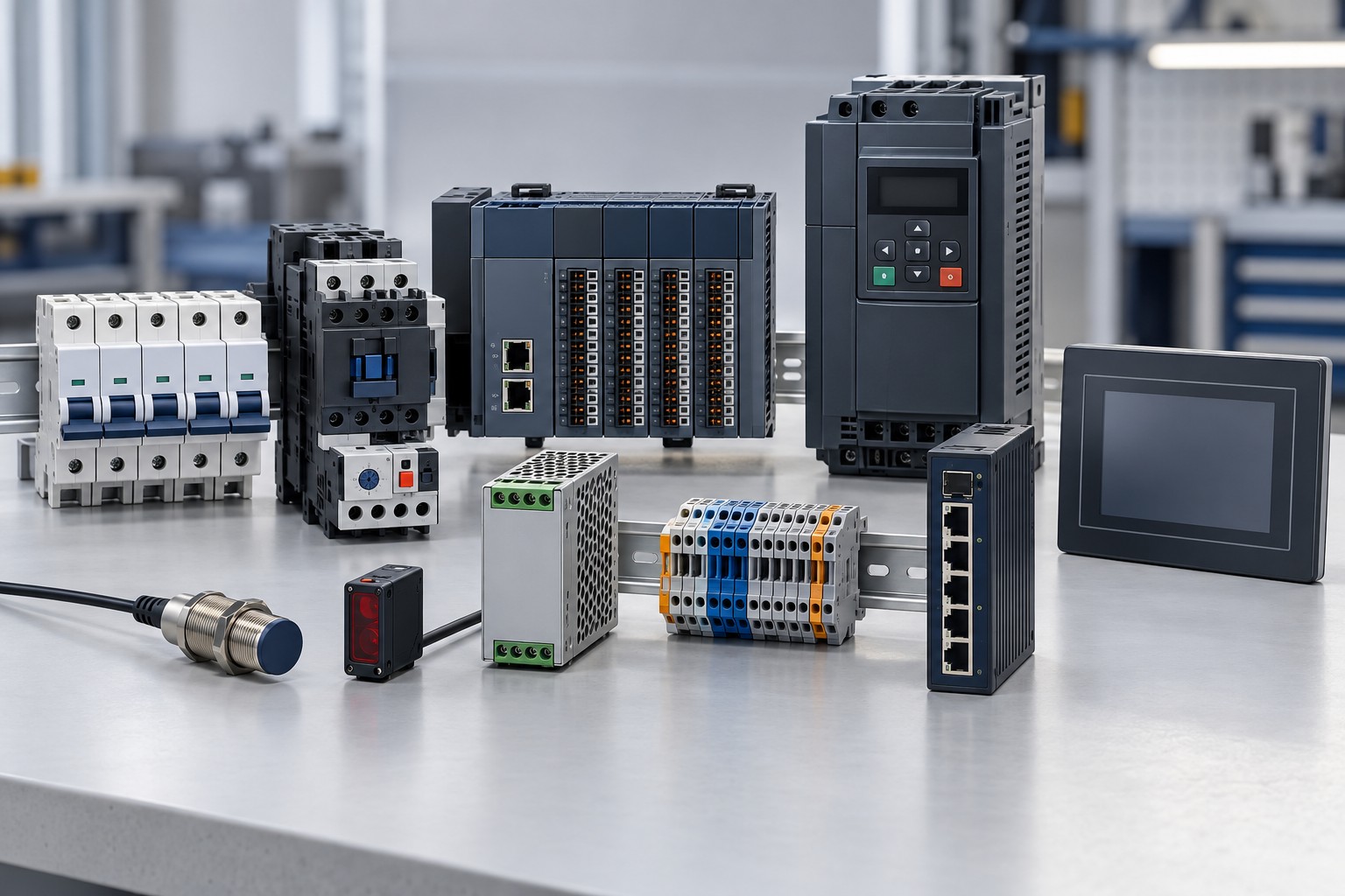 Illustrative industrial control and automation components including PLC, VFD, contactors, relays, sensors, and HMI (illustrative AI-generated image)