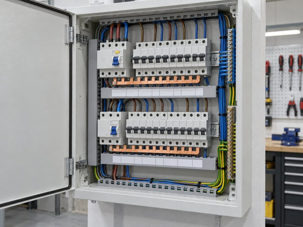 Illustrative open distribution board showing installed MCBs and busbars (illustrative AI-generated image)