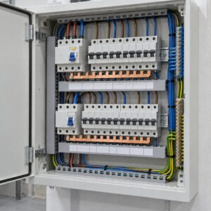 Illustrative open distribution board showing installed MCBs and busbars (illustrative AI-generated image)