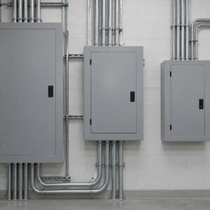 Illustrative electrical distribution enclosures installed in a clean electrical room (illustrative AI-generated image)