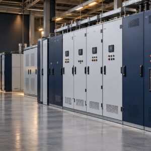 Illustrative low-voltage switchgear lineup in a showroom (illustrative AI-generated image)