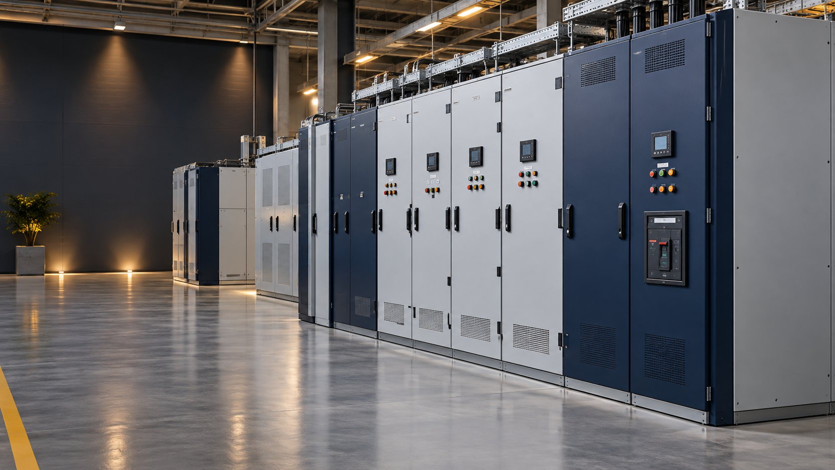 Illustrative low-voltage switchgear lineup in a showroom (illustrative AI-generated image)