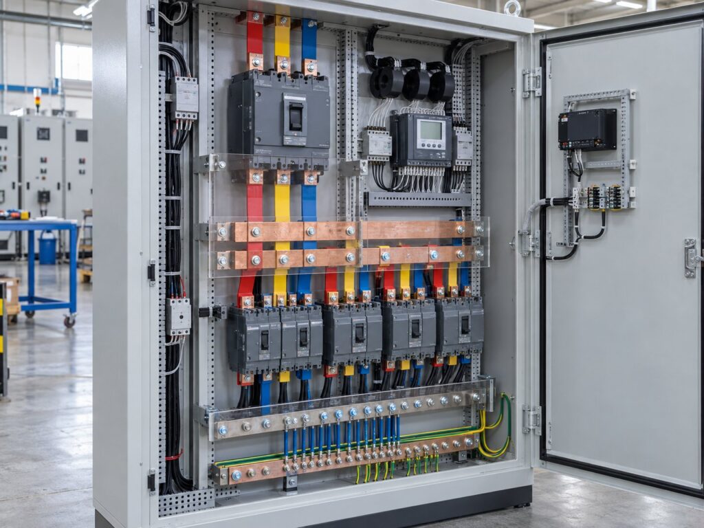 Illustrative open main LT panel showing installed breakers and copper busbars (illustrative AI-generated image)