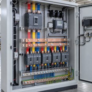 Illustrative open main LT panel showing installed breakers and copper busbars (illustrative AI-generated image)