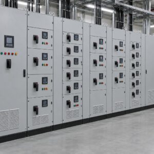 Illustrative motor control center panel lineup (illustrative AI-generated image)