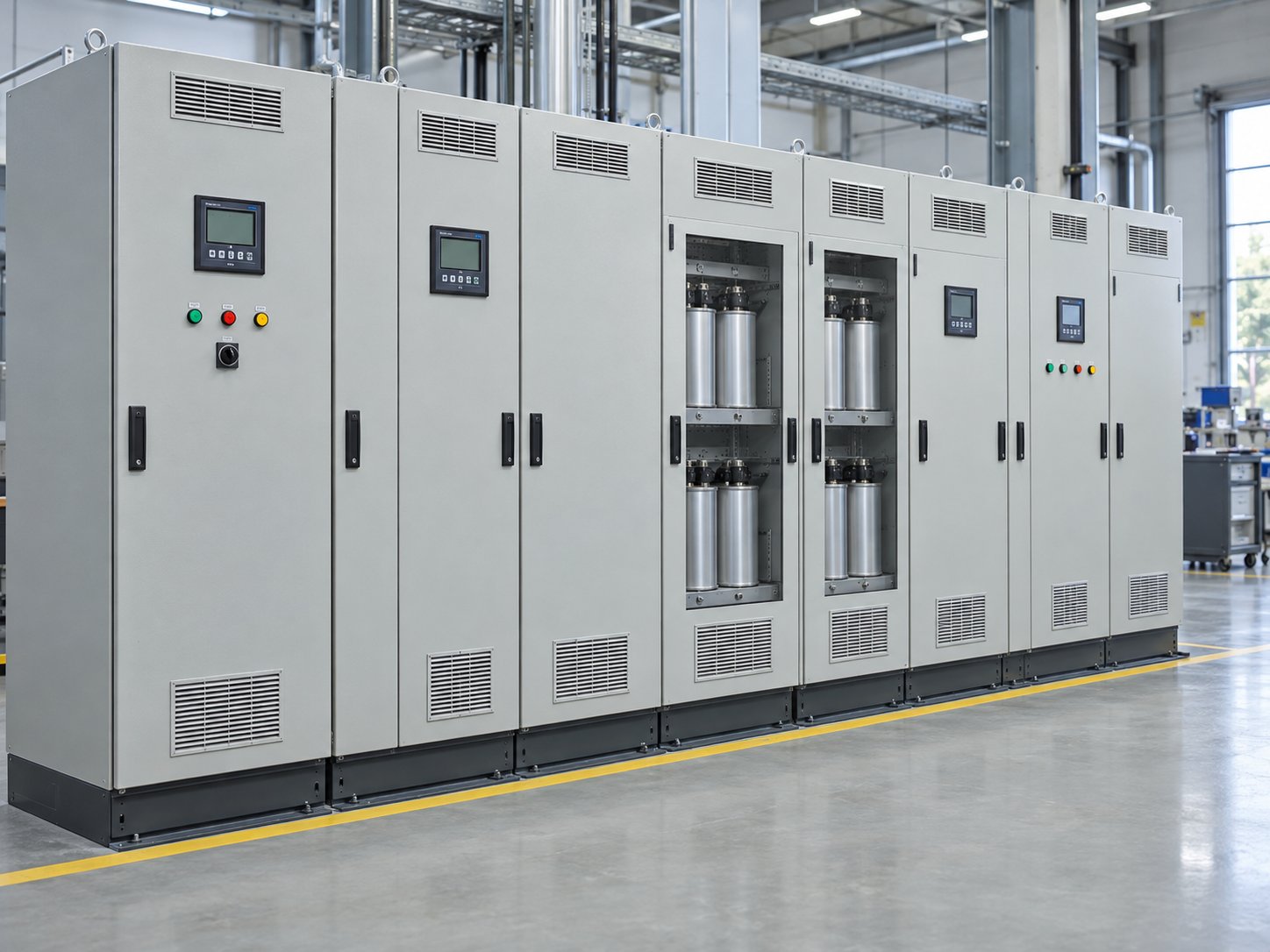 Illustrative power factor improvement and capacitor panel lineup (illustrative AI-generated image)