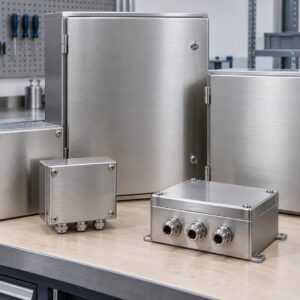 Illustrative stainless steel electrical junction boxes and enclosures (illustrative AI-generated image)